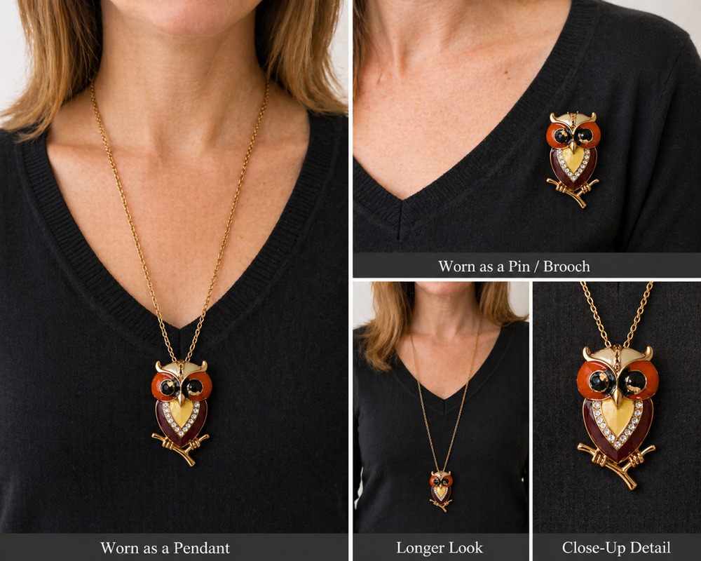Marie Osmond Owl Pin Pendant Brooch Necklace Gold Tone Enamel Rhinestone Brown